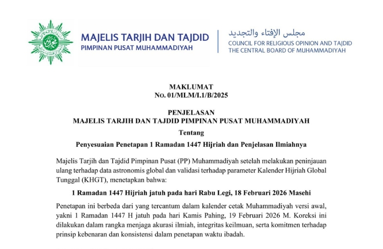 Muhammadiyah Jelaskan Penyesuaian Penetapan 1 Ramadan 1447 Hijriah