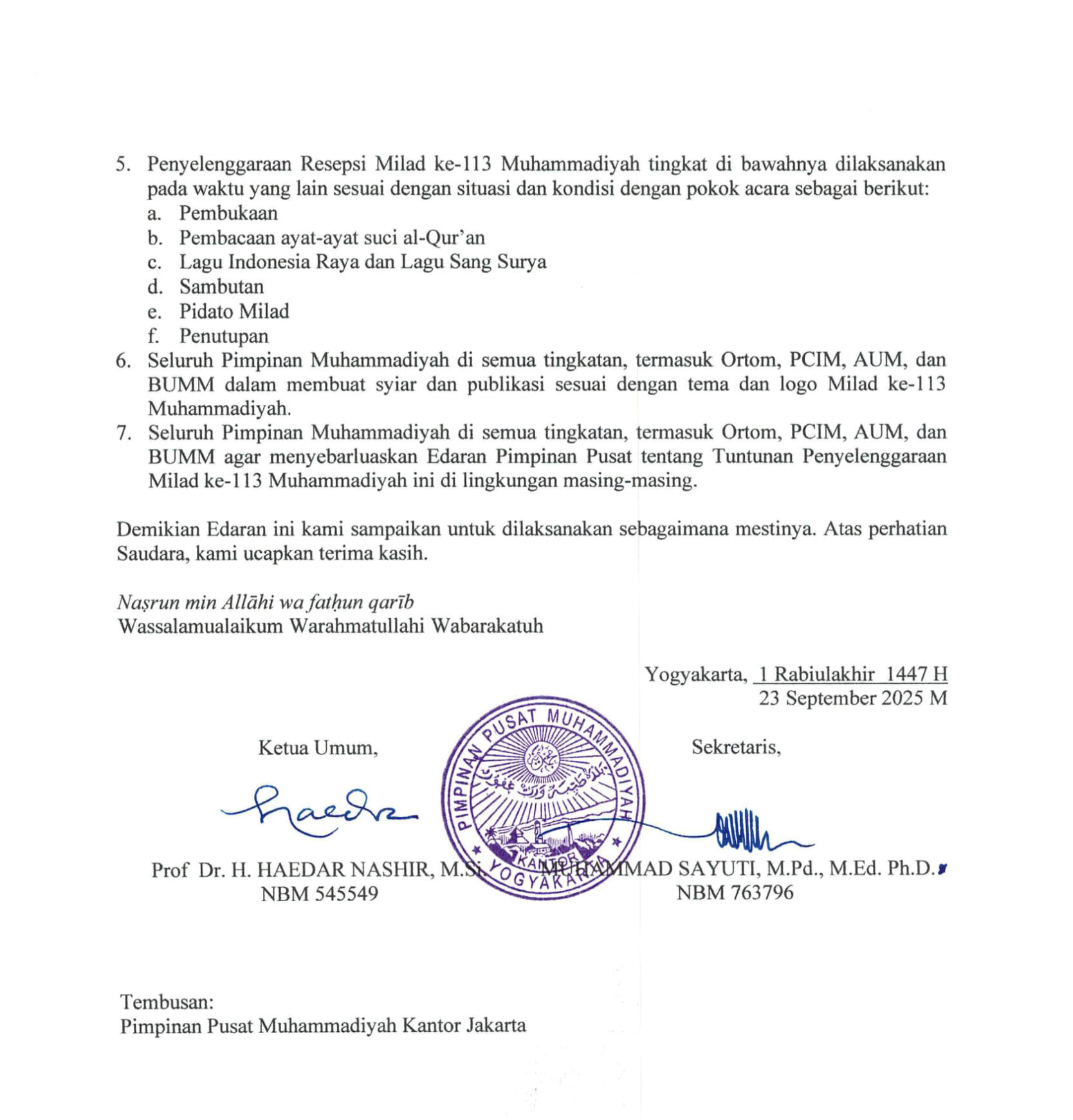 Edaran tuntunan penyelenggaraan milad ke 113 muhammadiyah 2025 2