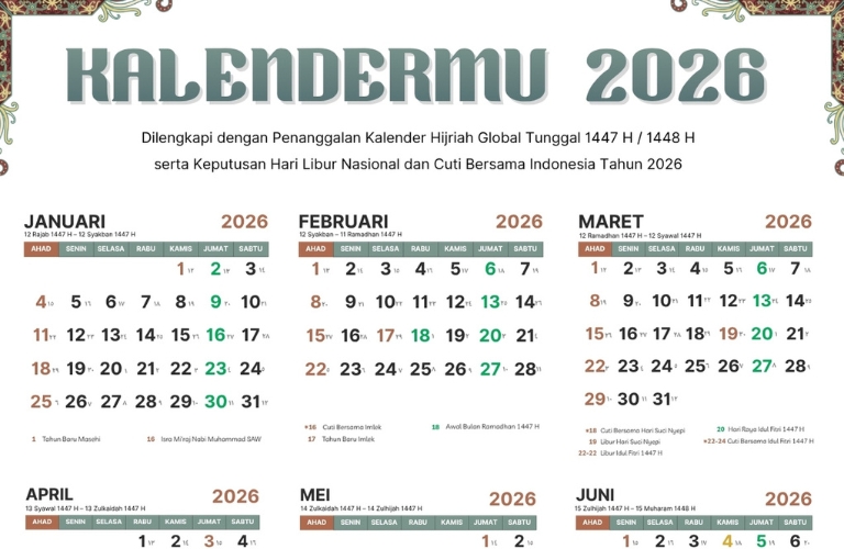Download kalender 2026 pdf, lengkap penanggalan hijriah dan hari libur nasional
