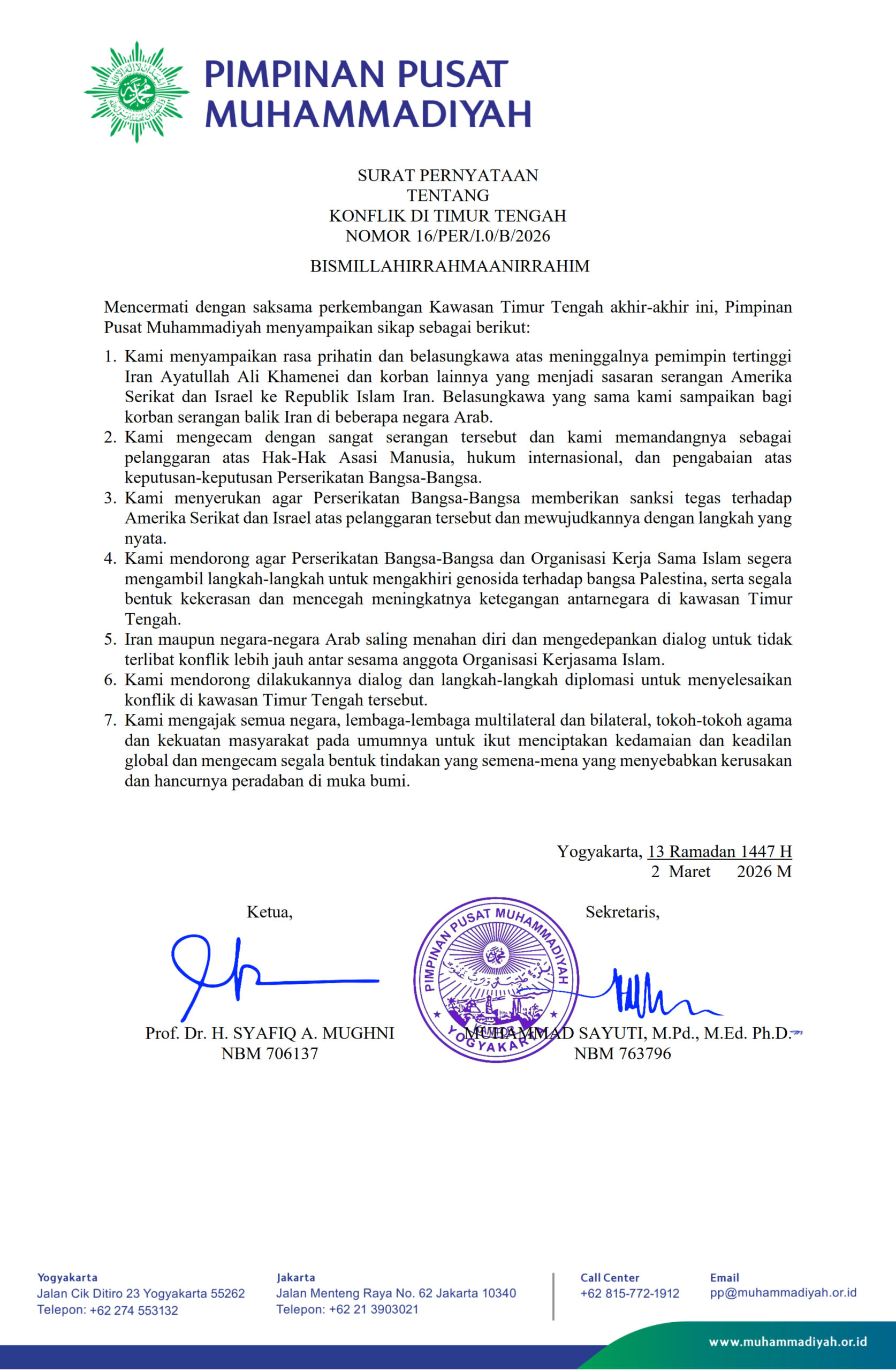 PP Muhammadiyah Terbitkan Surat Pernyataan Sikap atas Konflik di Timur Tengah